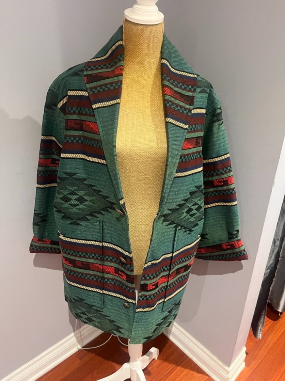 True Grit Southwestern Tapestry Blanket Coat Jacket Green USA 2 (Fits M/L)